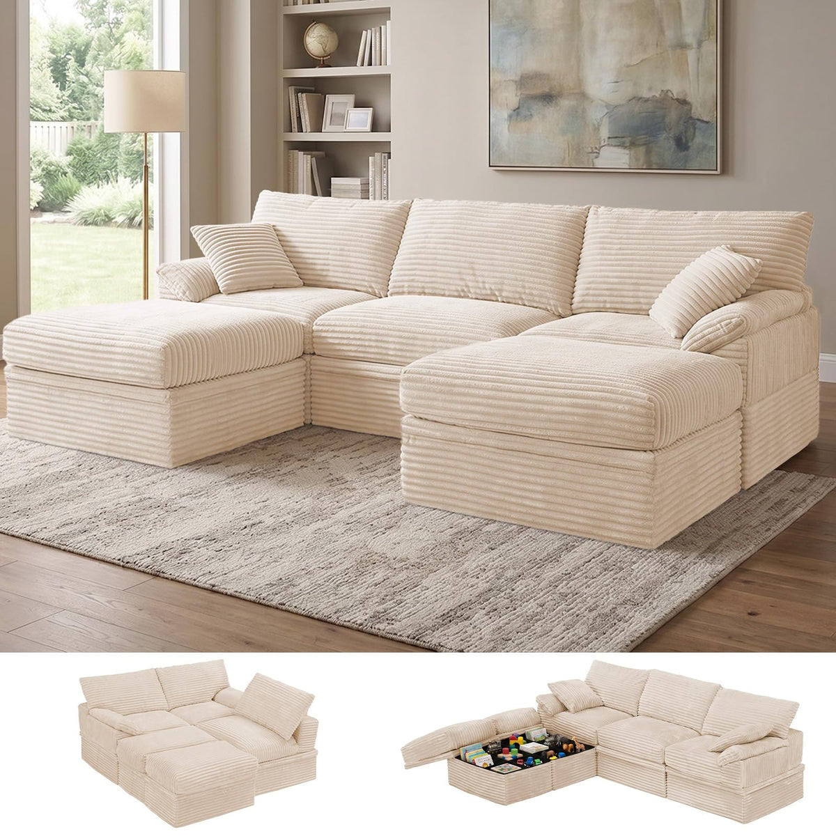 107'' Modular Sectional Sofa with Storage, L-Shaped Boneless Couch