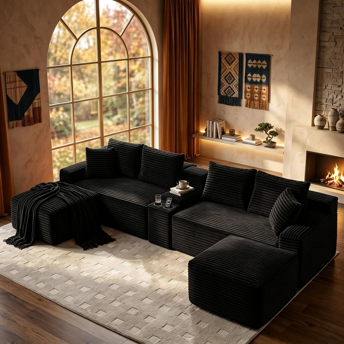 127" U-Shaped Cloud Sectional Modular Boneless Couch with Console，Black