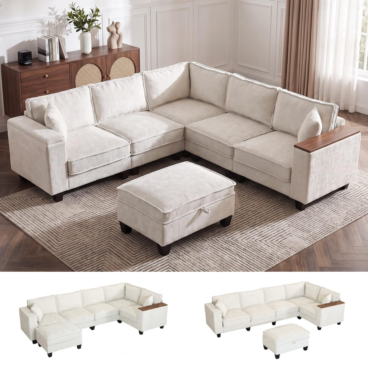 V Shaped Modular Sectional Couch with Storage Ottoman, Beige