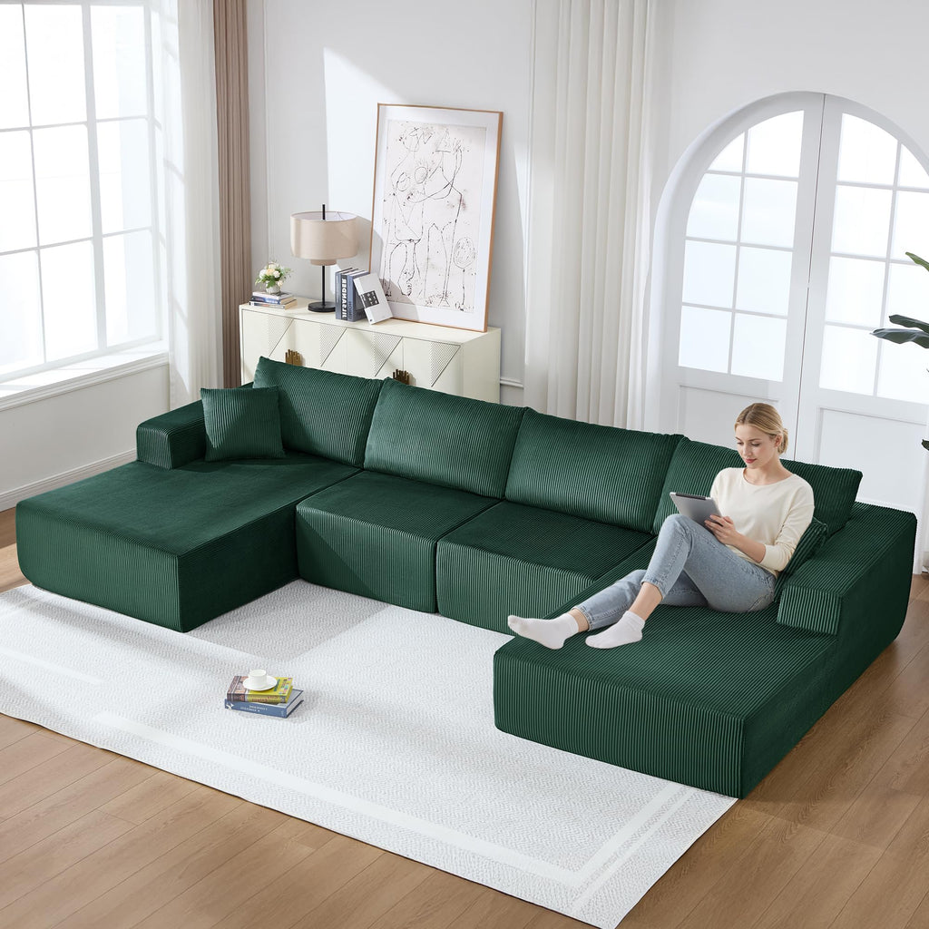 U-Shape Sectional Couch for Living Room,4 Seater Boneless Sofa Couch for Living Room Bedroom Apartments,146" Modular Sectional Corduroy Couch with Deep Seat,No Assembly Green