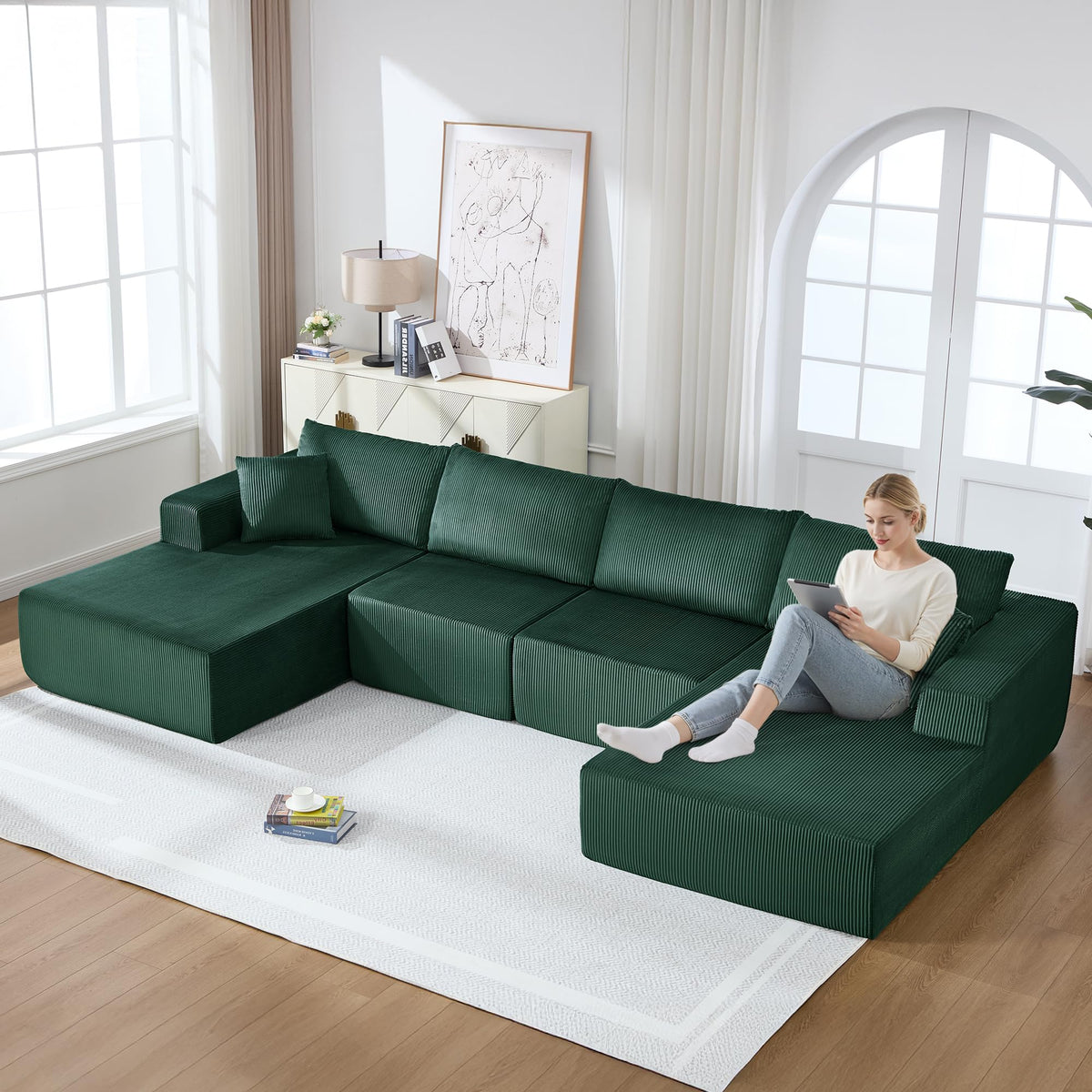 U-Shape Sectional Couch for Living Room,4 Seater Boneless Sofa Couch for Living Room Bedroom Apartments,146" Modular Sectional Corduroy Couch with Deep Seat,No Assembly Green