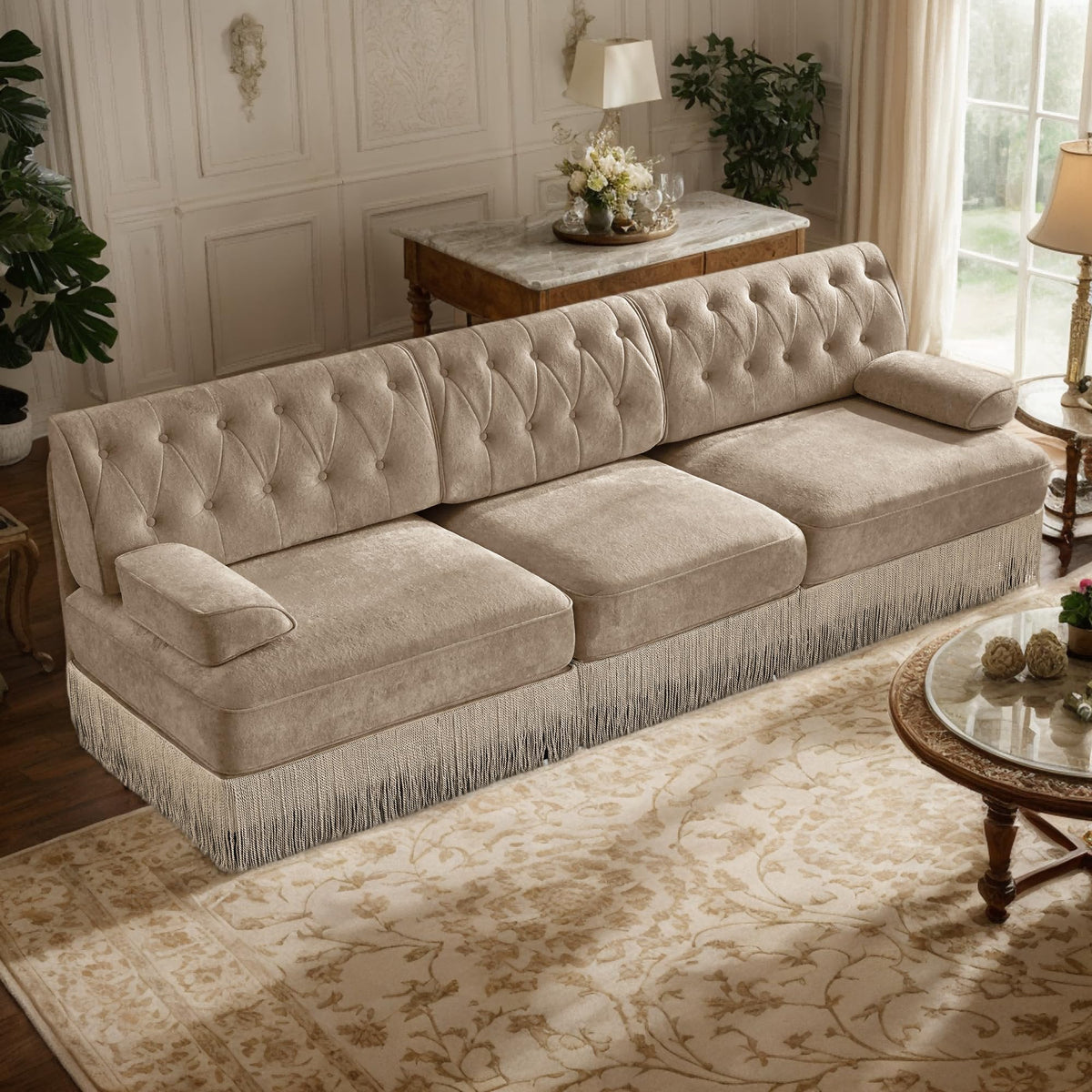 106'' Modern Chesterfield Style 3-Seater Sofa with 2 Ottoman, Upholstered Velvet Modular Sectional Sofa with Button Tufted, U Shape Deep Seat Cloud Sectional Couches for Living Room (Green)
