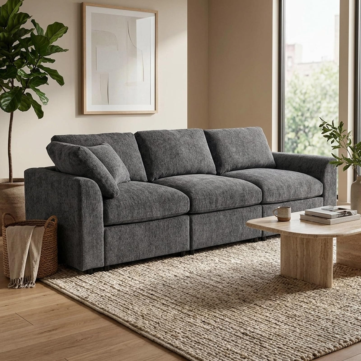 101.6 Inch Modern 3-Seater Sofa, Soft Chenille Fabric Couch with Solid Wood Frame, Layered Cushions, Deep Seat, Accent Pillow (Grey)