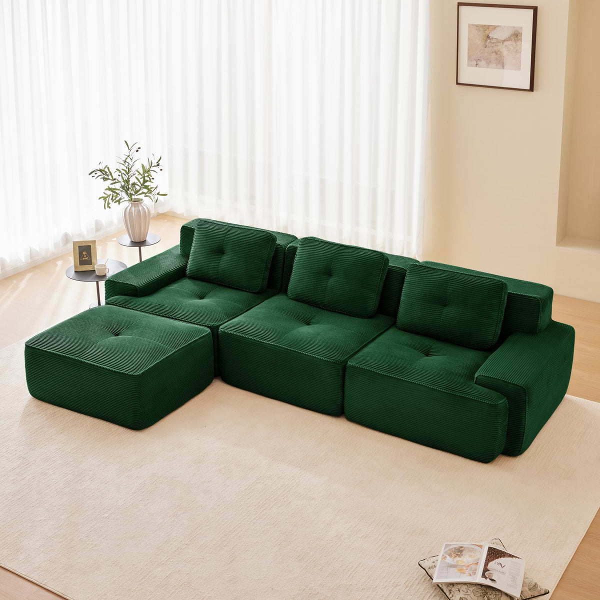 Tidyard 11? Modern L-Shaped Modular Sectional Sofa for Living Room, Corduroy Fabric 3-Seater Couch with Deep Seat, Movable Ottoman, Tufted Design, No Assembly, Anti-Slip Base, Green
