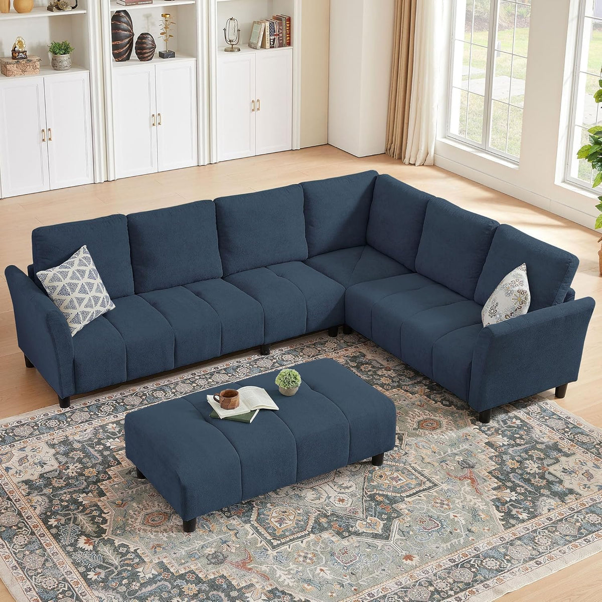 103" Convertible Sectional Sofa with Long Ottoman, Modern Upholstered Fabric L-Shaped Couch with Back Cushions, 6 Seat Sofa Couches for Living Room, Apartment, Office, Blue