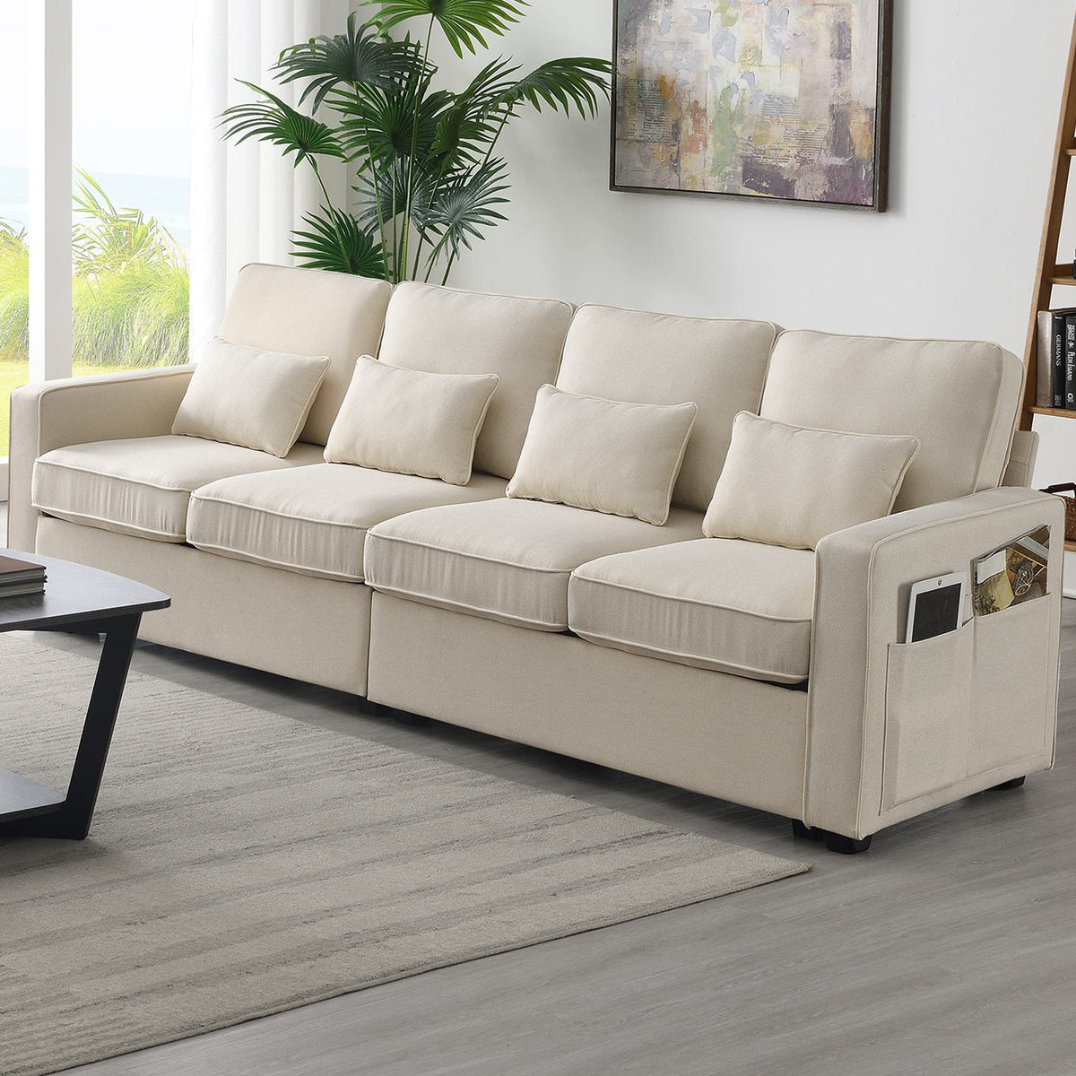 104" 4 Seater Linen Fabric Sofa with Armrest Pockets and 4 Pillows,Style Couch for Living Room, Apartment, Office,3 Colors