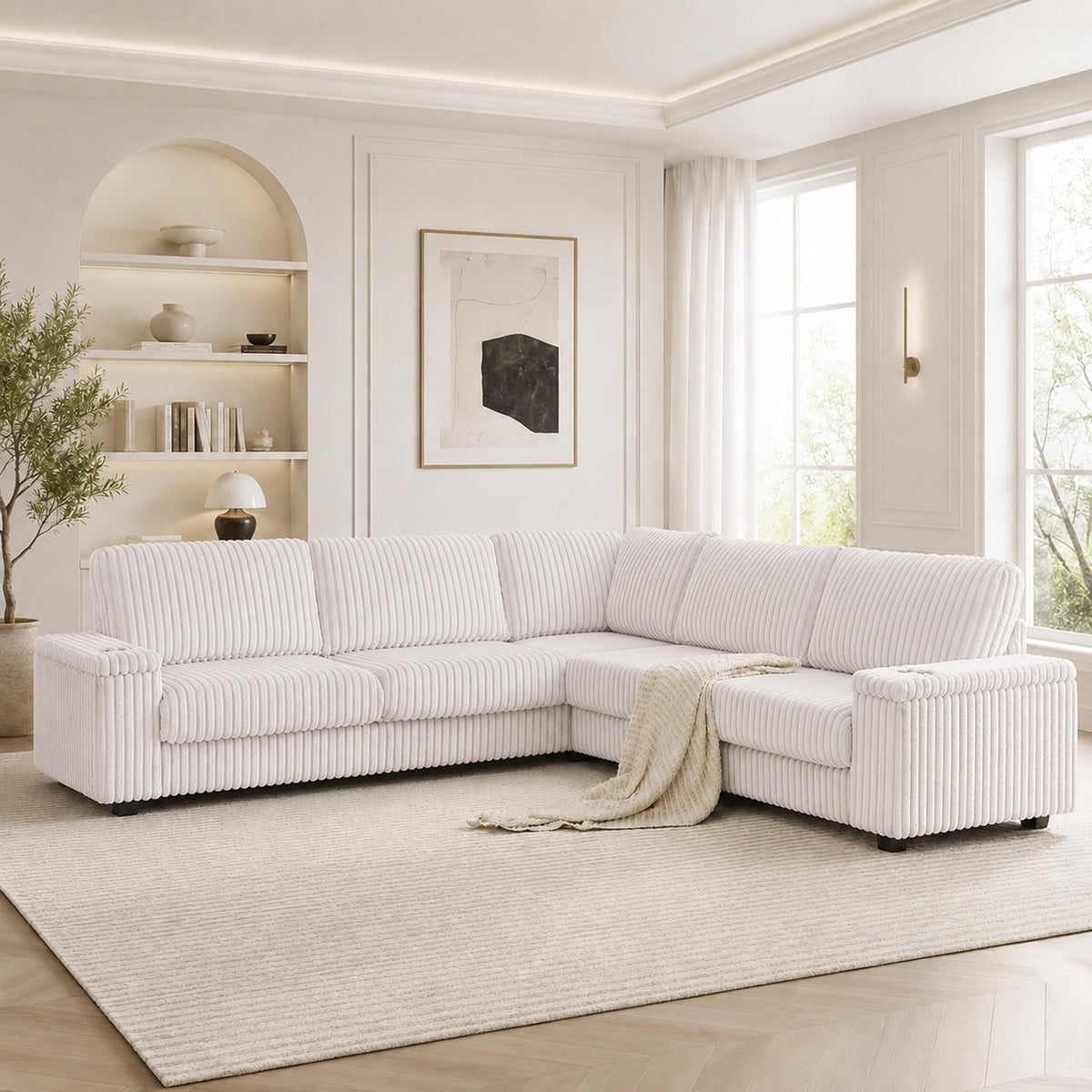 106'' Oversized Sectional Sofa Couch, Plush Corduroy V-Shaped Corner Couch with USB Charger, Armrest Storage and Cup Holders, Deep Seat Sectional Couches for Living Room, Grey