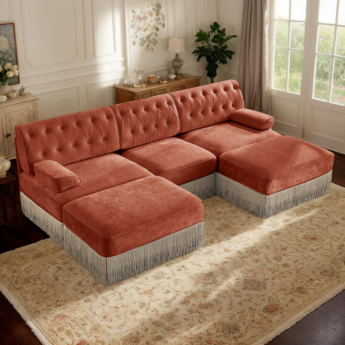 106'' Modern Chesterfield Style 3-Seater Sofa with 2 Ottoman, Upholstered Velvet Modular Sectional Sofa with Button Tufted, U Shape Deep Seat Cloud Sectional Couches for Living Room (Green)