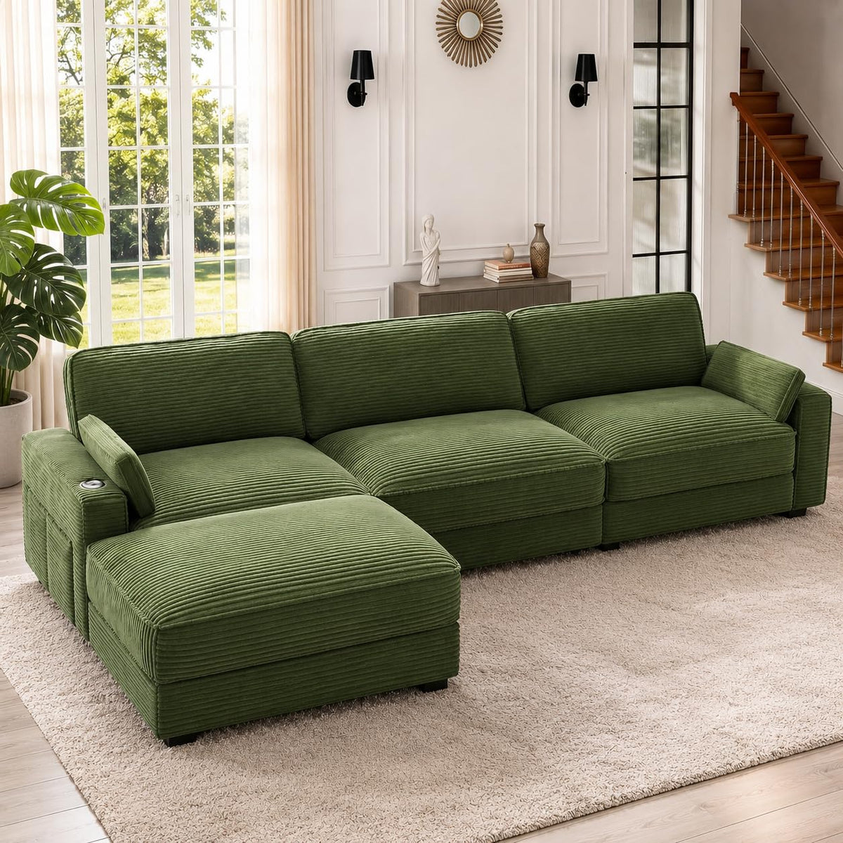 Vipbear 120" Modular Sectional L Shaped Sofa Couches for Living Room,3 Seat with 1 Movable Ottoman,Comfy Corduroy Sofa with USB Port,Side Pocket,Pillow,Green