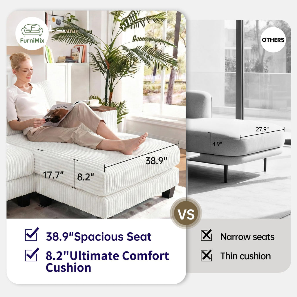 114" Cloud Sectional Couch with L-Shape Reversible Chaise, Modern Corduroy L Shaped Couch with 2 Pillows & Storage Armrests, 4 Seater Sectional Couches for Living Room, Plush Corduroy, White