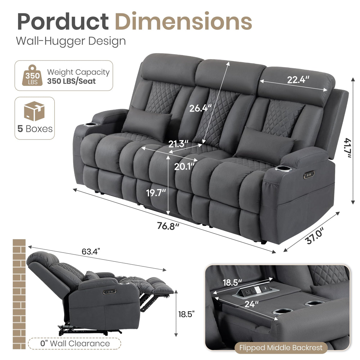Wall Hugger Power Reclining Sofa w/ Adjustable Headrest, Gray