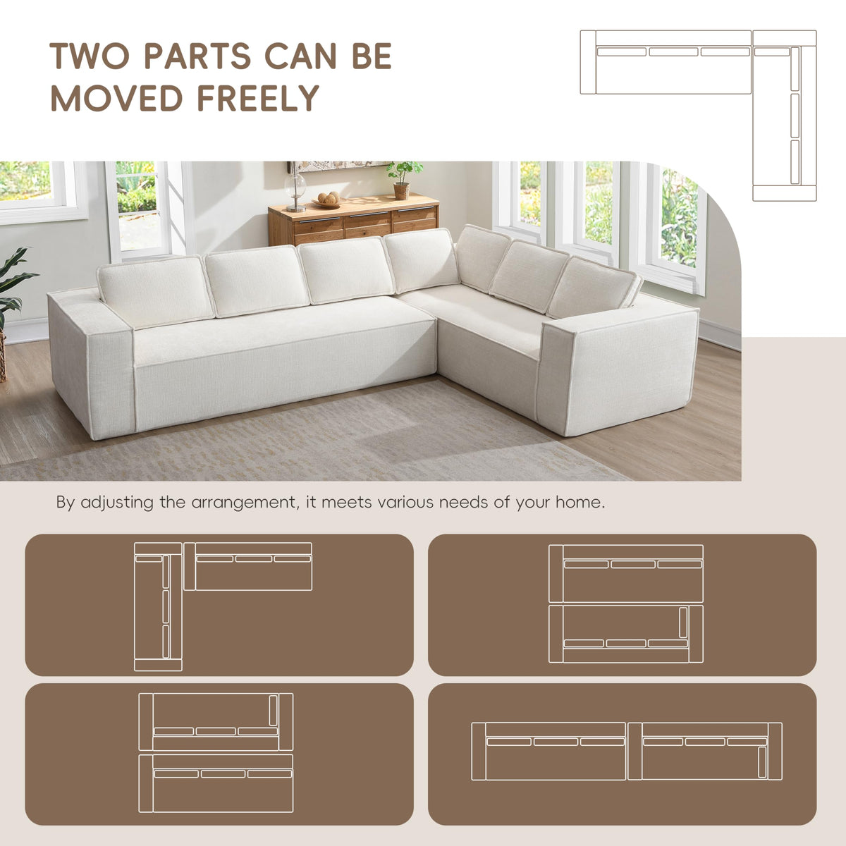 130" Ultra-Thick Chenille Modern Minimalist Style Modular Sectional Couch, Convertible Modular Cloud Sleeper Sofag, Modern Boneless Compressed Floor Sectional Sofa for Living Room, Beige