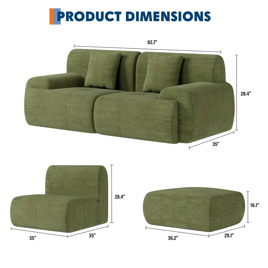 U Shaped Sectional Couch, Modular Cloud Couch Sofa, Boneless Sectional Sofa with Corduroy Fabric, Large Couches for Living Room,Green