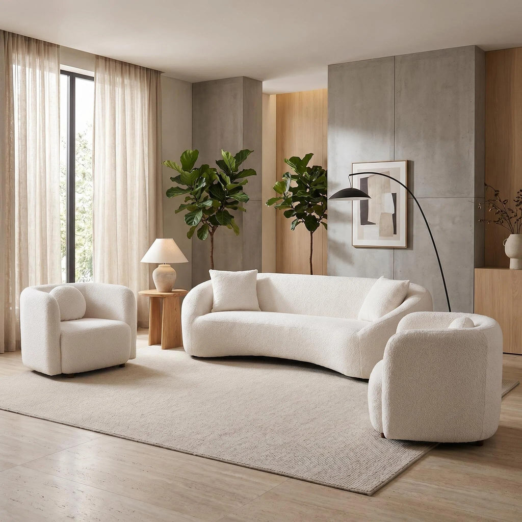 White Curved Sofa Set of 3, Solid Wood Frame, 5 Seater, Pillows, Modern