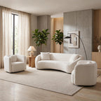 White Curved Sofa Set of 3, Solid Wood Frame, 5 Seater, Pillows, Modern