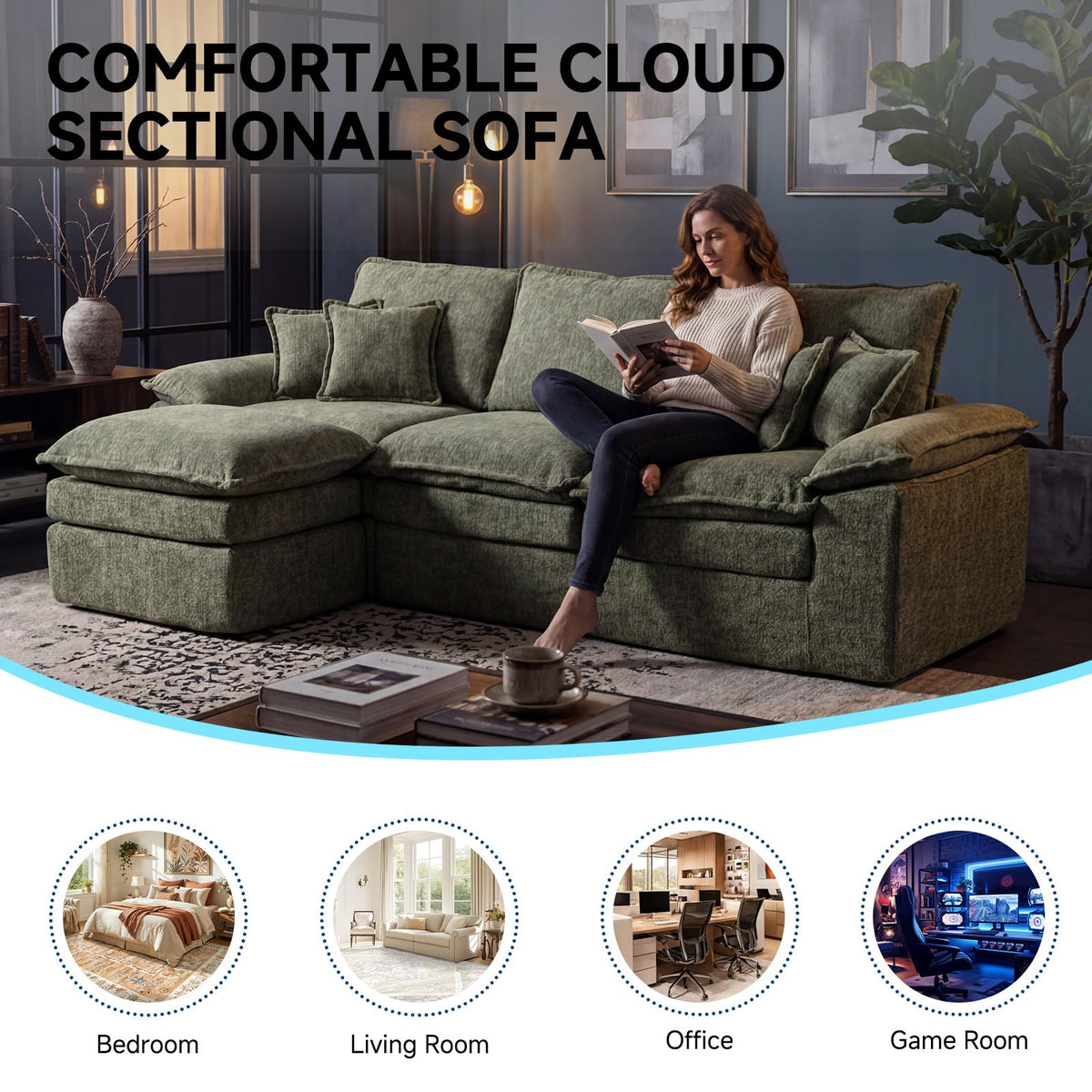 110" L-Shaped Sofa Bed,3-Layer Cushion Modular Sectional Boneless Couch