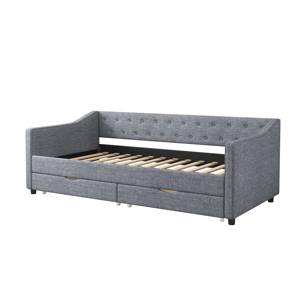Twin Size Daybed with Drawers Upholstered Tufted Sofa Bed, with Button on Back and Piping on Waved Shape Arms Light Grey FC954