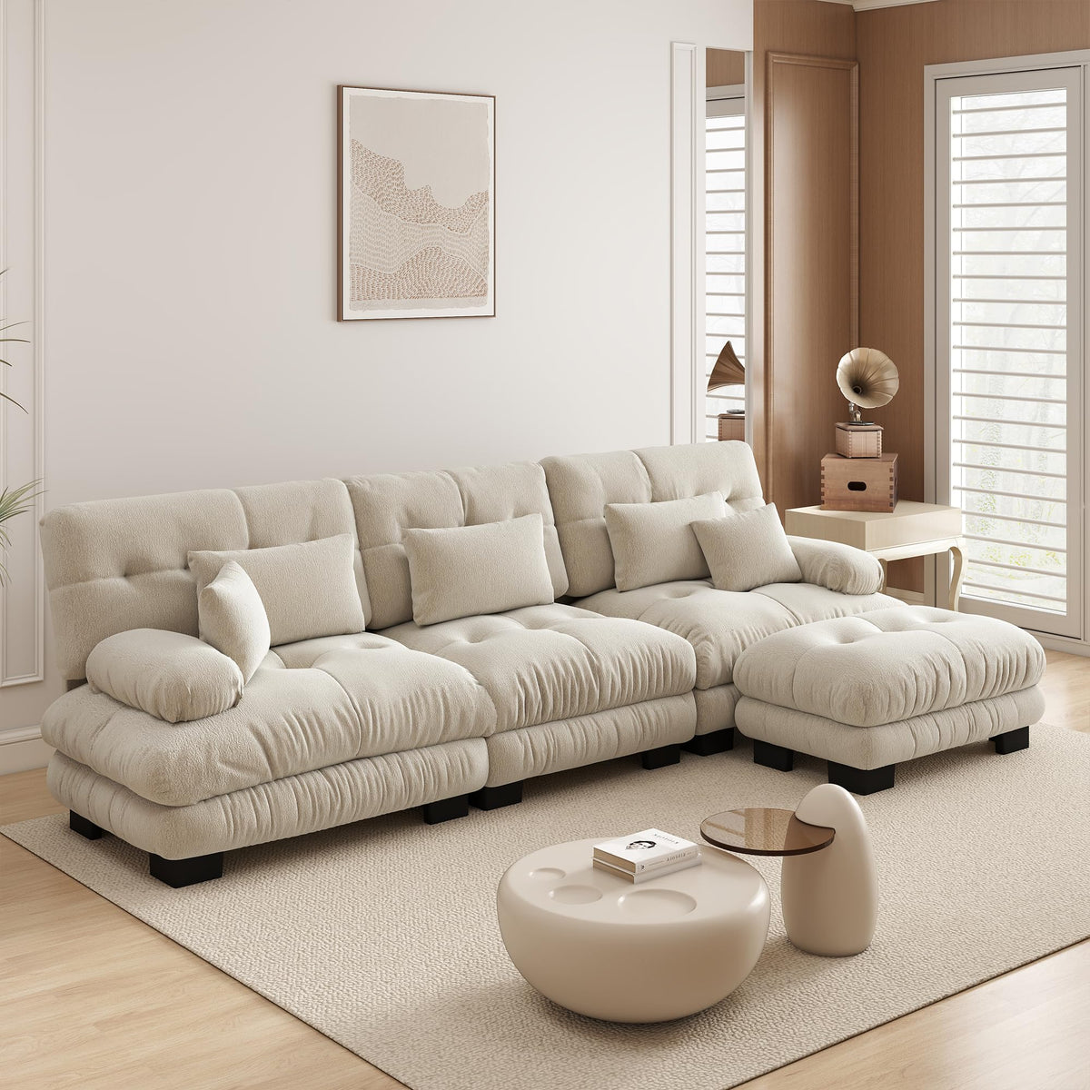Velvet Modular Sectional Sofa,130" W Oversized U Shape Cloud Couch with 2 Ottomans,Free Combined 3 Seater Comfy Sofa with Bolster Armrest Pillows,Green for Living Room