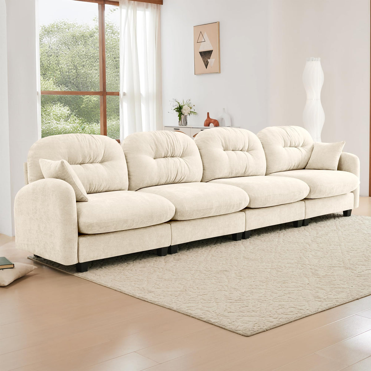 Tidyard Four-Seater Modular Sectional Couch in Beige, Premium Chenille Fabric with Tufted Backrest, Includes 2 Throw Pillows, Easy Assembly for Living Room, Bedroom or Reading Nook