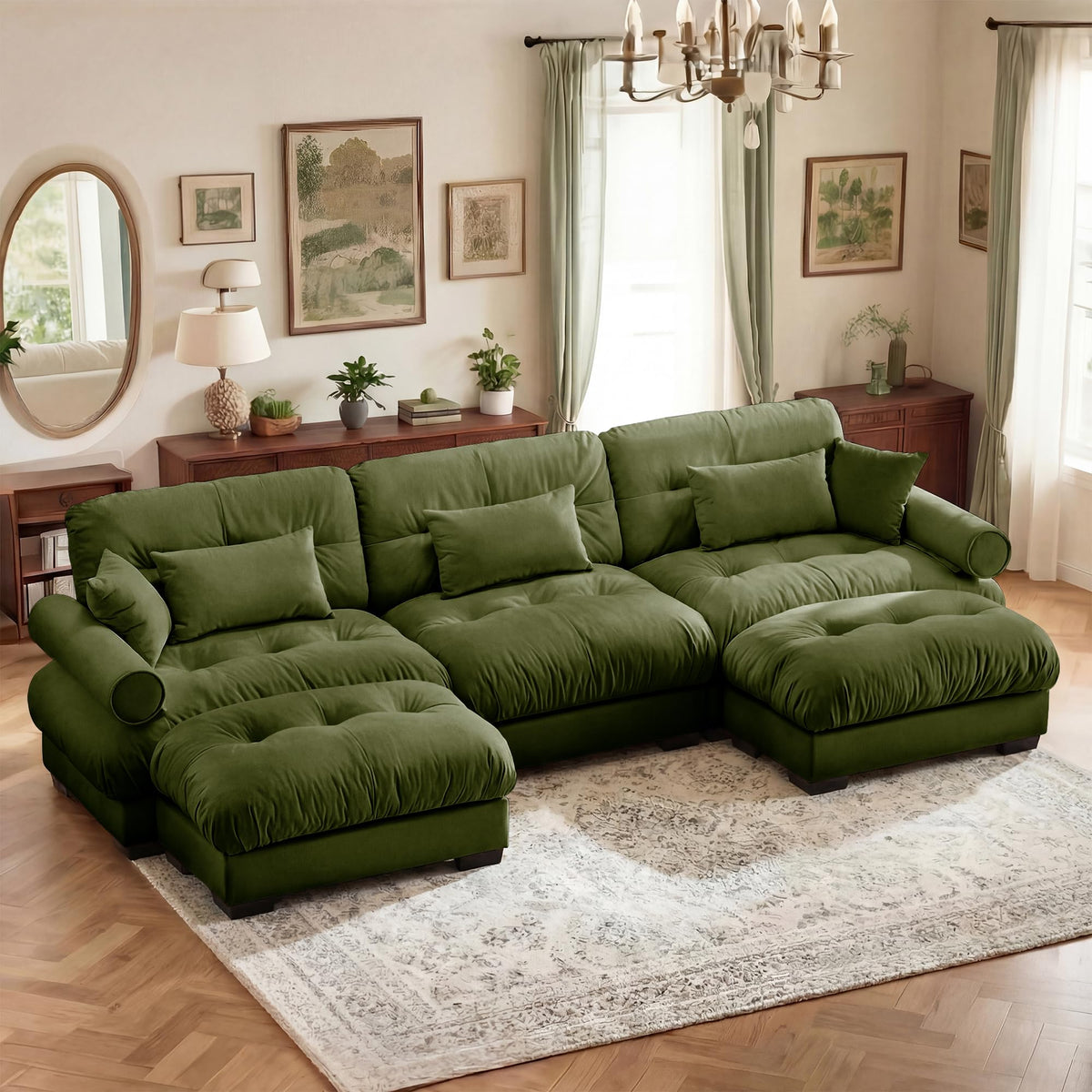 130" Cloud Couch, Oversized 3-Seater Couch with Ottomans and Pillows, Deep Seat L Shaped Sofa, Comfy Velvet Fluffy Sofas Modular Sectional Couches for Living Room (Blue, 3 Seat + 1 Ottoman)