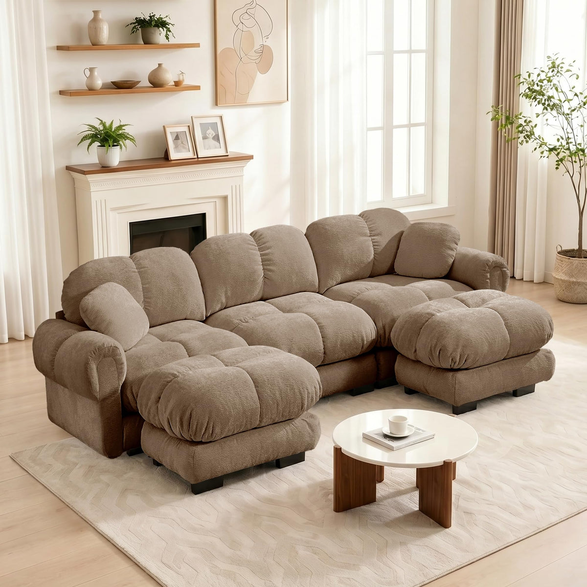 103.9" Modular Cloud Couch, Oversize U-Shaped Sectional Sofa with Ottoman, Deep Seat Chenille Couch, Anti-Slip Design, Modern 3-Seater Sofa for Living Room/Apartment/Bedroom, Brown