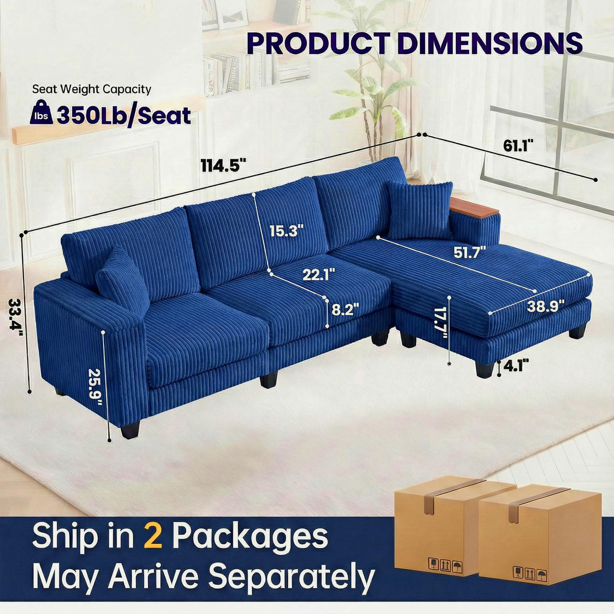 114" Cloud Sectional Couch with L-Shape Reversible Chaise, Modern Corduroy L Shaped Couch with 2 Pillows & Storage Armrests, 4 Seater Sectional Couches for Living Room, Plush Corduroy, Blue