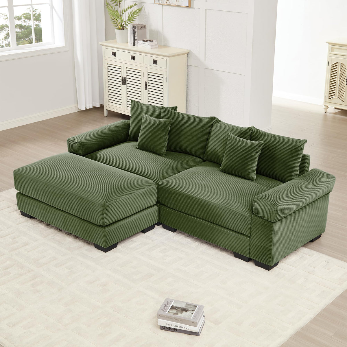130" Oversized Modular 3-Seater Sectional Sofa, Cloud Corduroy Fabric with Extra-Thick Armrests, Ergonomic Deep Seat Couch for Living Room, Easy Assembly Sofas for Living Room(Cream)
