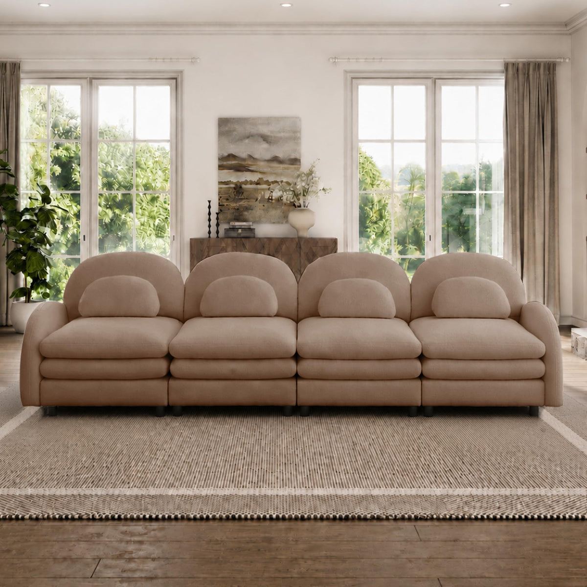 129.1" Modular Sectional Couch, Teddy Fleece Fabric, Orange