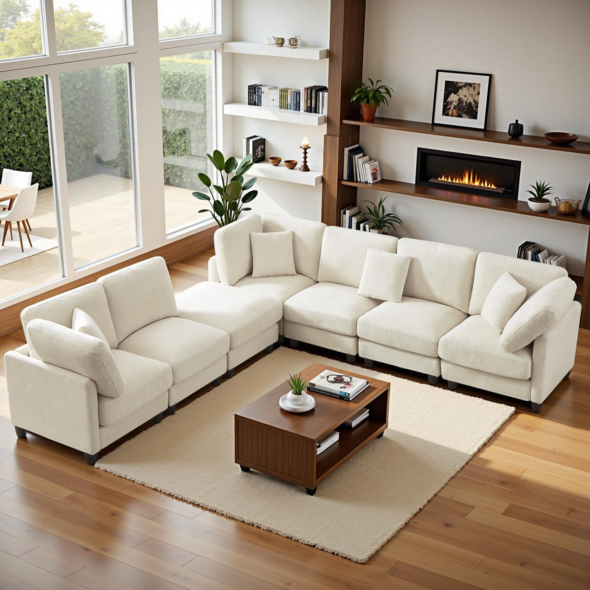 121'' 7-Seater Modular Sectional Upholstered Couches, Chenille Cloud Couch with Movable Ottoman,L/U-Shape Modern Sofa for Living Room,Beige