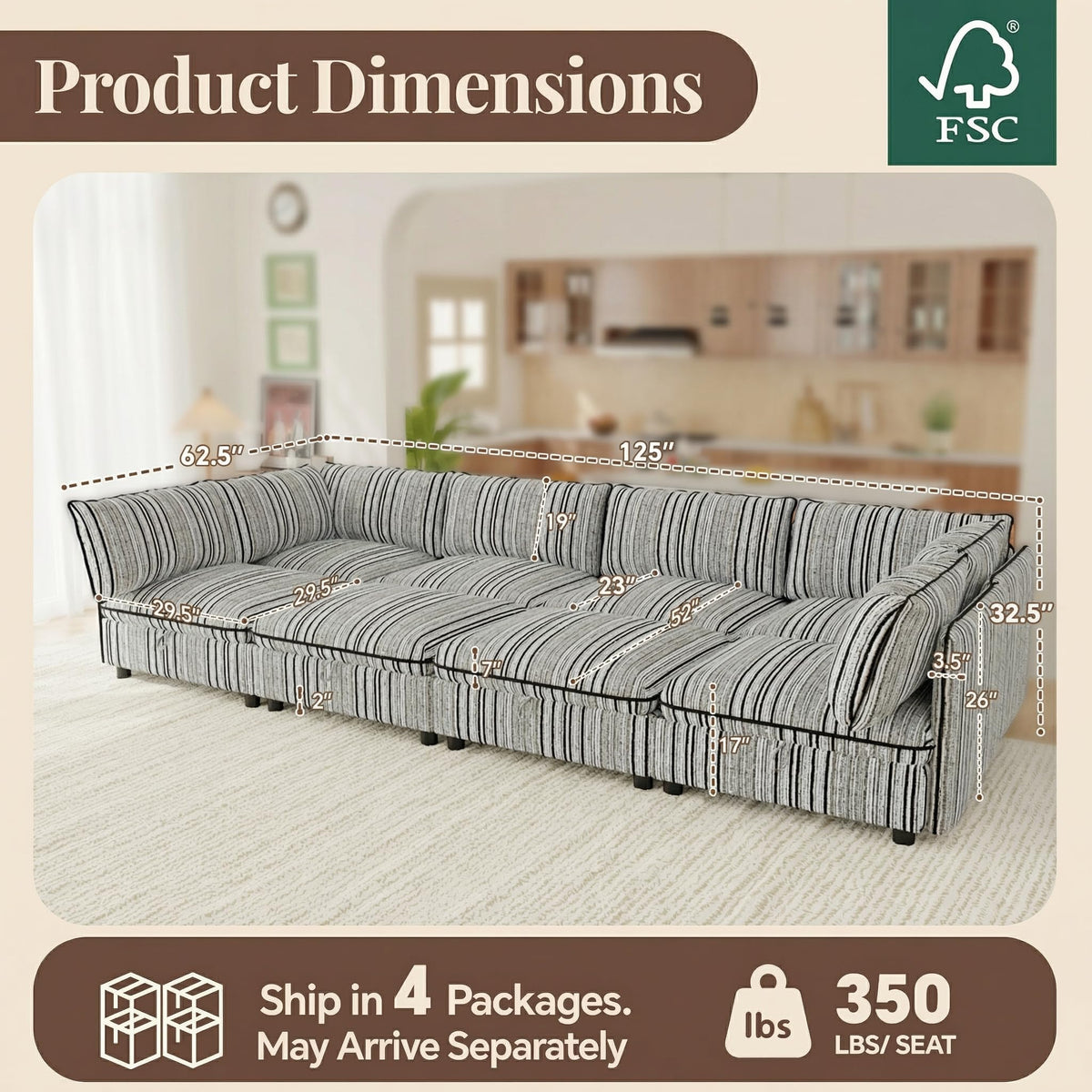 125" Modular Sectional Couch with Hidden Storage, Convertible L U Shaped Sleeper Sofa Bed with Stripe Pattern, 8 Seat Modular Sectional Couch with Ottoman Chaise & Removable Covers for Living Room