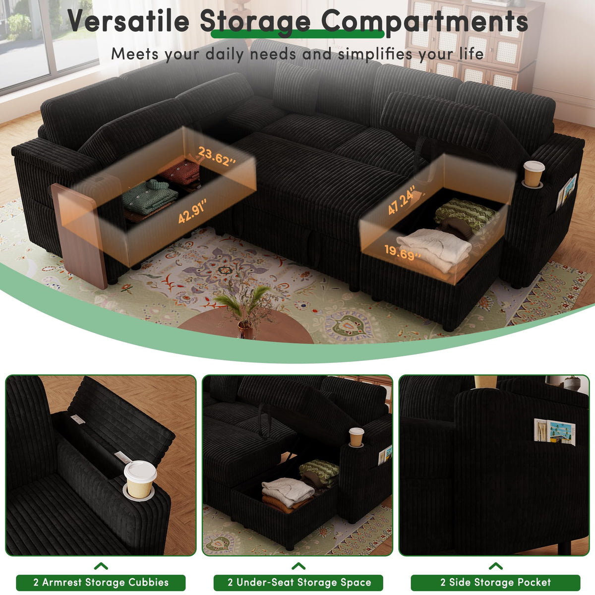 100'' Modular Sectional Sleeper Sofa, Reclining Corduroy Couch, Green