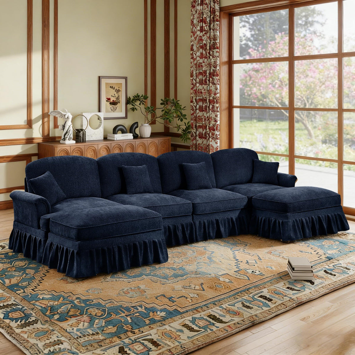 107'' Modern Sectional Sofa, Upholstered U-Shaped Couch with Removable Ruffles Pleats Skirts, Silver Chenille Cloud Couch, Ottoman, Flared Arms, 4-Seat Couches for Living Room, Bedroom, Camel