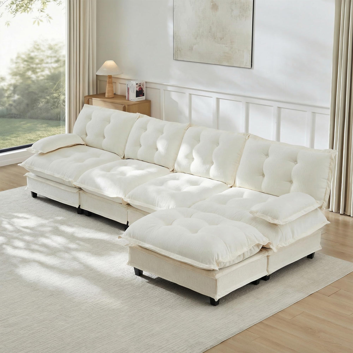 U Shaped Modular Sectional Sofa - 108" Chenille Cloud Deep Seat Couch with Ottoman, 5-Seat Comfy Lattice Decored Seat Cushion for Living Room, Apartment,Light Coffee