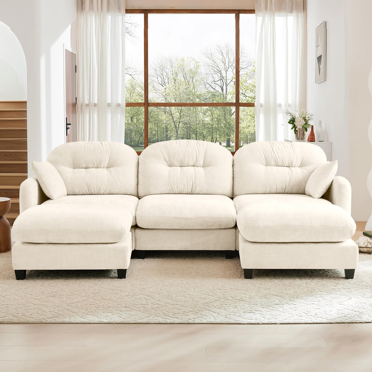 107" Modular Sectional Sofa, Comfy U Shaped Cloud Couch with Ottoman, Chenille Sofa Sleeper Deep Seat Sofas with Throw Pillows for Apartment-Camel