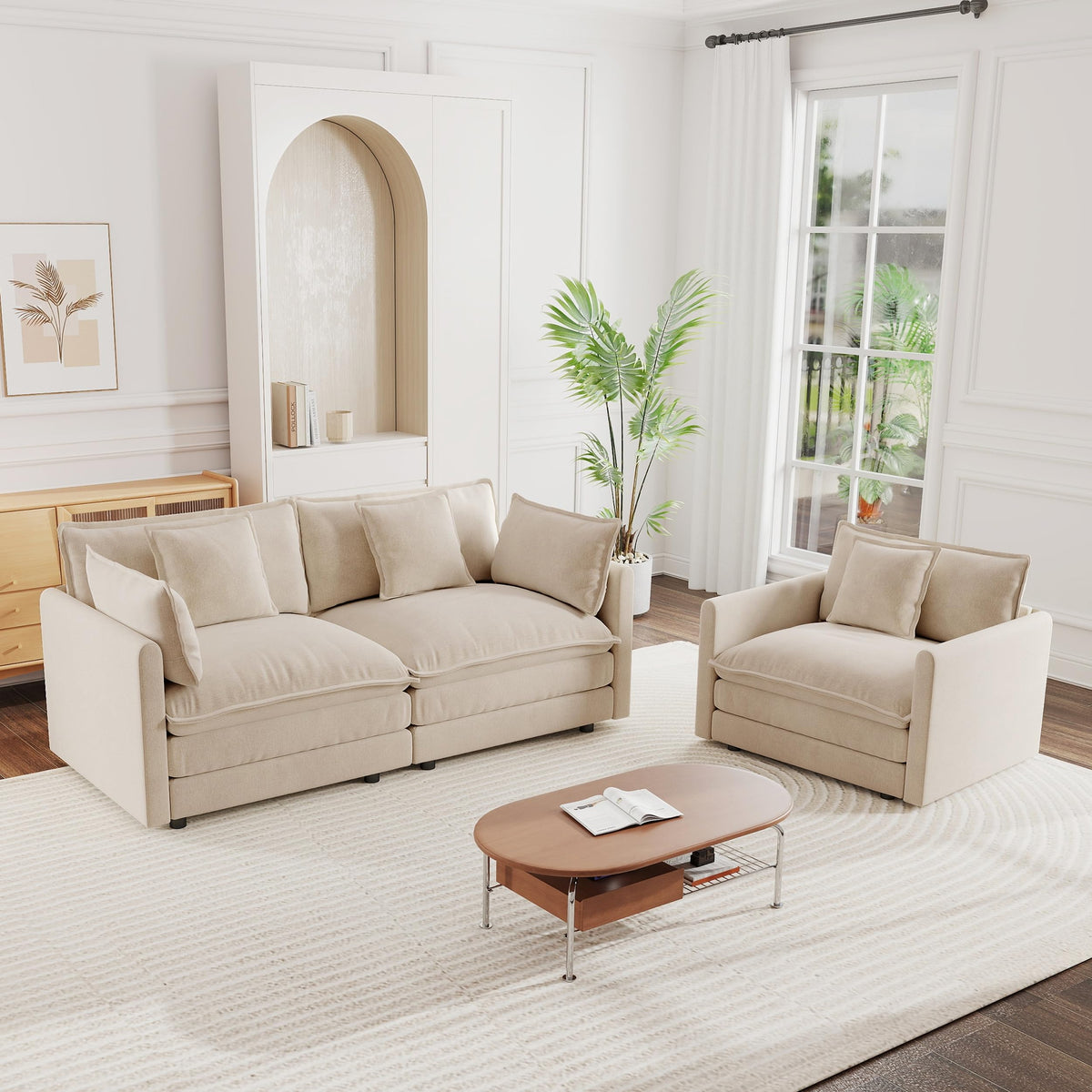 White Modular Sectional Sofa 3-Piece Set, Modern Deep Seat Chenille Couch, Loveseat, Single Sofa, Oversized Modular Couch for Living Room