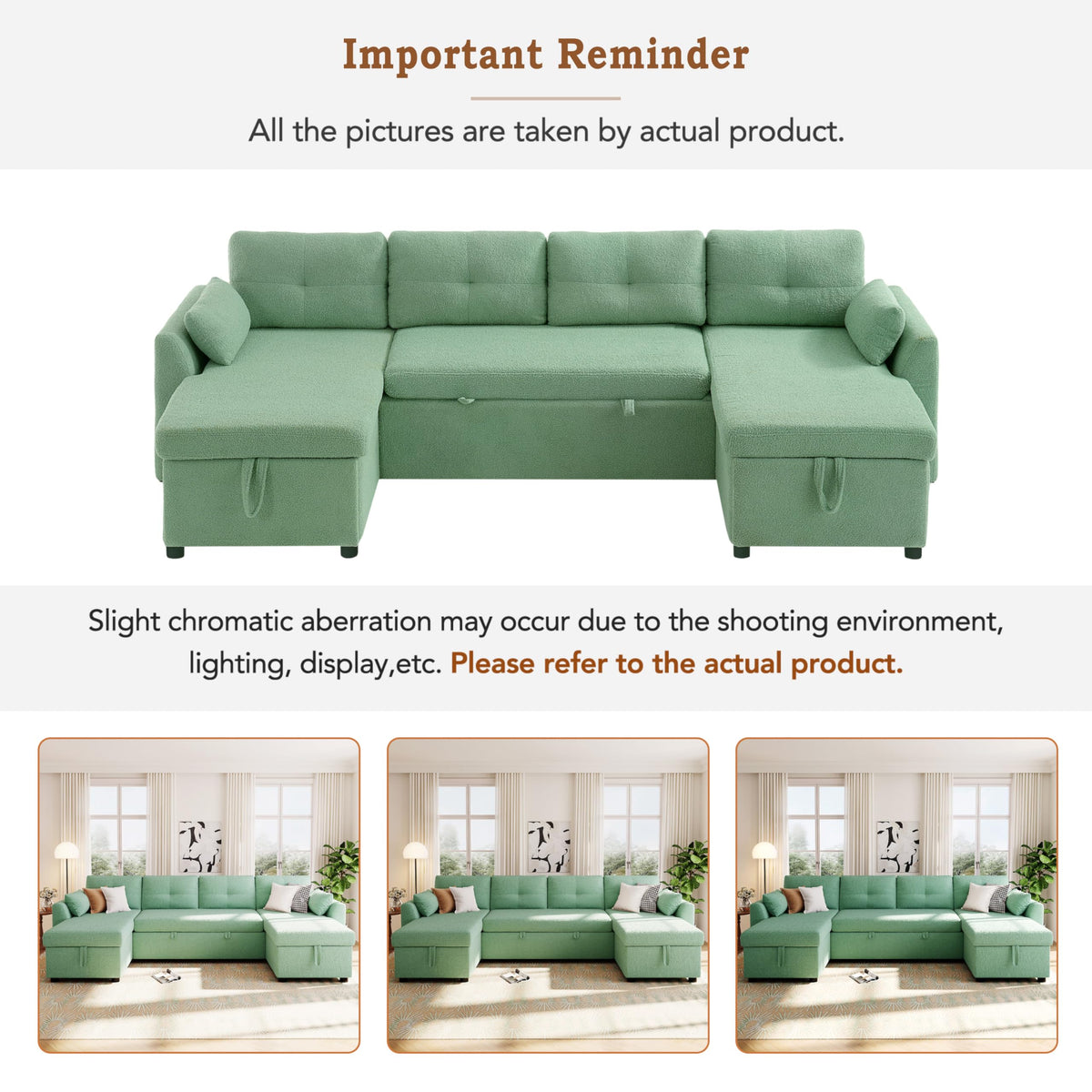 107" U-Shaped Pull-Out Couch Sectional Sofa Bed with USB Charging, Green