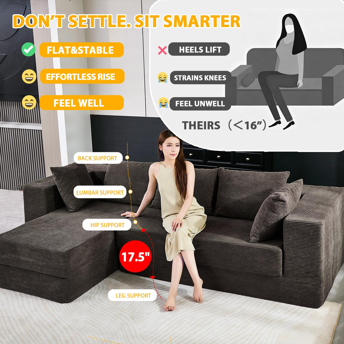 108" Boneless Sectional Chaise Couch, 17.5" Seat Height,Black Grey