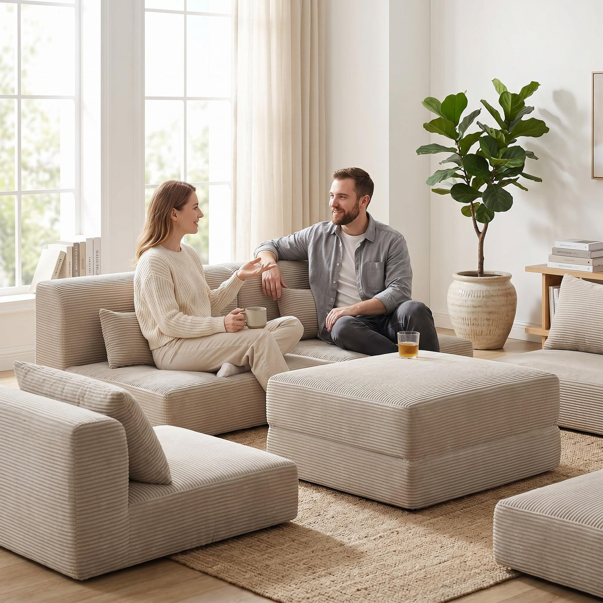 100" Sectional Boneless Couches Set for Living Room, Movable L Shaped Upholstered Modular Couch with 5 Pillows, DIY Combination Cloud Sofa for Apartment & Bedroom, Camel