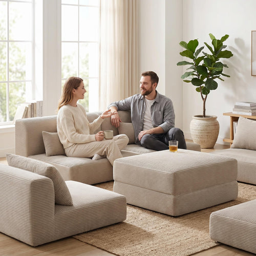 100" Sectional Boneless Couches Set for Living Room, Movable L Shaped Upholstered Modular Couch with 5 Pillows, DIY Combination Cloud Sofa for Apartment & Bedroom, Camel