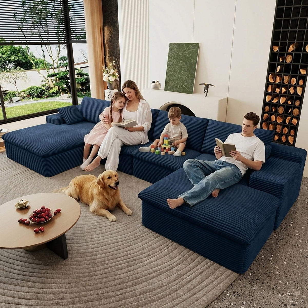 107" Cloud Couch Modular Sectional Couchs with Chaise Lounge, U-Shape Boneless Couches with Ottoman for Living Room, Corduroy Sofa with Deep Seat, No Assembly Required (Green, Left Facing Chaise)