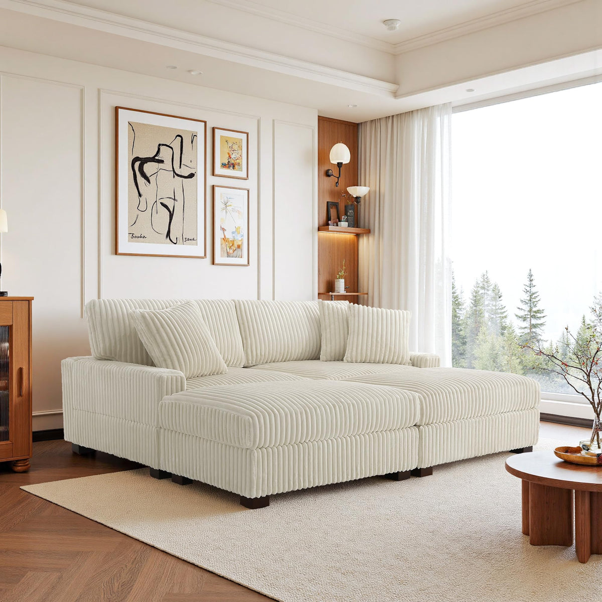 118.3" L-Shaped Modular Sectional Sofa with Chaise, Comfy Corduroy Fluffy Couch with Deep Seat, Flexible Module Combination for Living Room, Cotton Flannel Light Brown