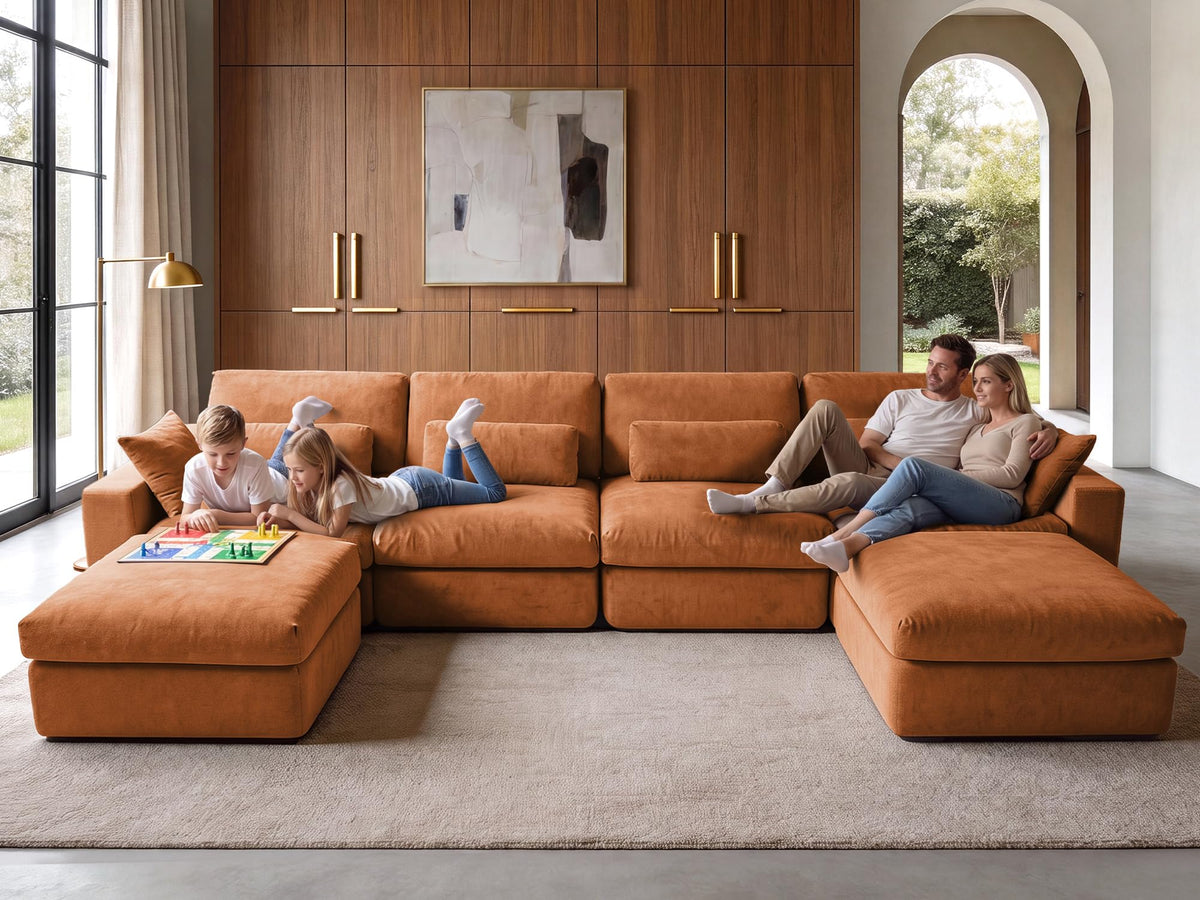 WEUP 160" Oversized Modular Sectional Sofa, Boneless Couch for Living Room, Modern Comfy U Shaped Cloud Couch Sectional with Movable Ottoman, Lumbar Pillows, 26.8" Extra Deep Seat, Terracotta Orange