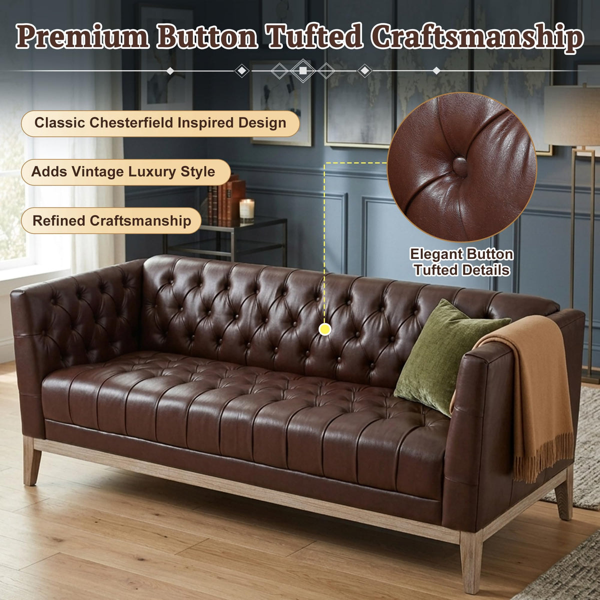 ZenithX 79.1" 3‑Seater Faux Leather Sofa, Mid‑Century Modern Chesterfield Couch with Button Tufted, PU Upholstery & Solid Pine Wood Legs, Vintage Sofa for Living Room, Apartment, Office