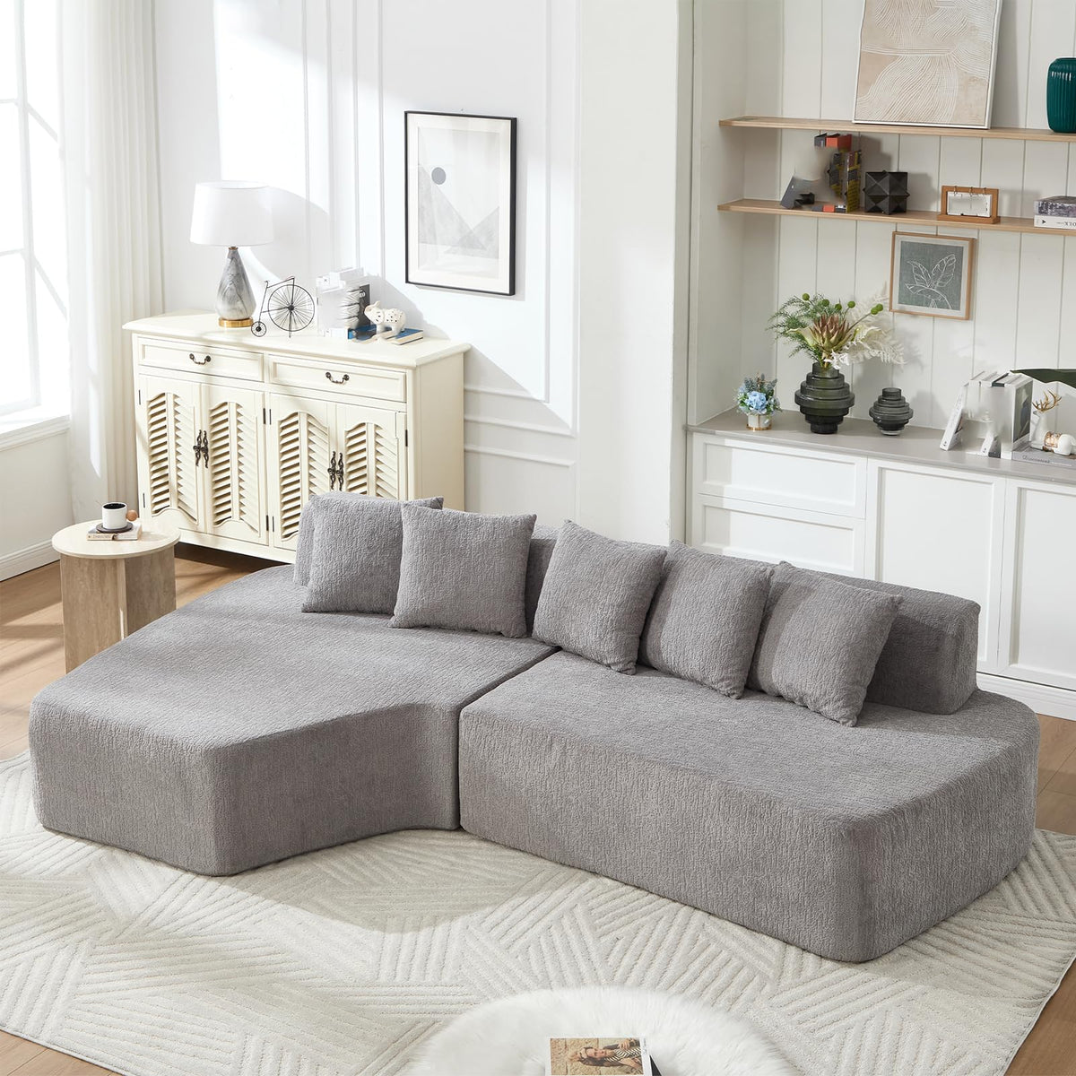 110.2" Minimalist Couches Sleeper with 5 Pillows and Comfy Chaise Irregular L-Shaped Compression Modular Sectional Sofa with Deep Seats for Living Room Apartment Lounge, Ivory