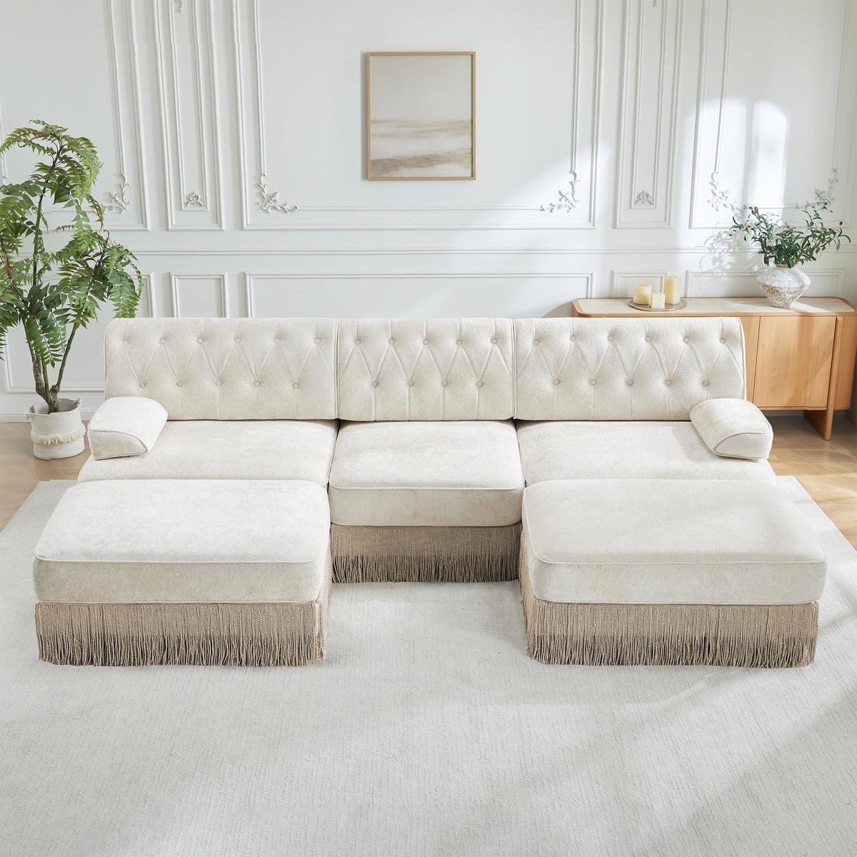 Velvet Modular Sectional Sofa, 135.6 Inch Chesterfield Style, Camel