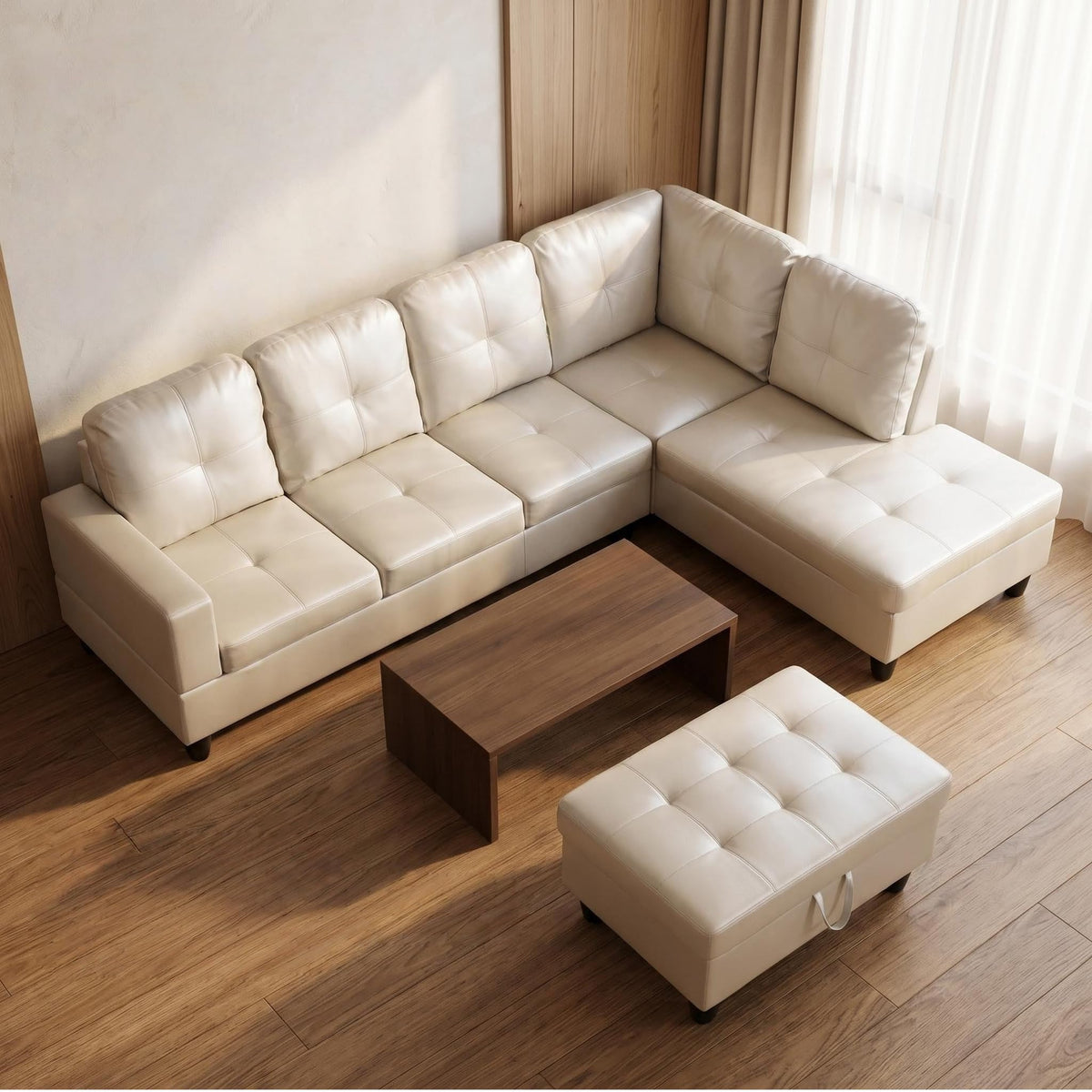 103.5" Sectional Couch with Movable Ottoman, L Shaped 4 Seater PU Faux Leather Sofa w/Chaise Lounge, Comfy Modern Modular Couch for Living Room, Apartment, White Stripes, Right, 3PCS