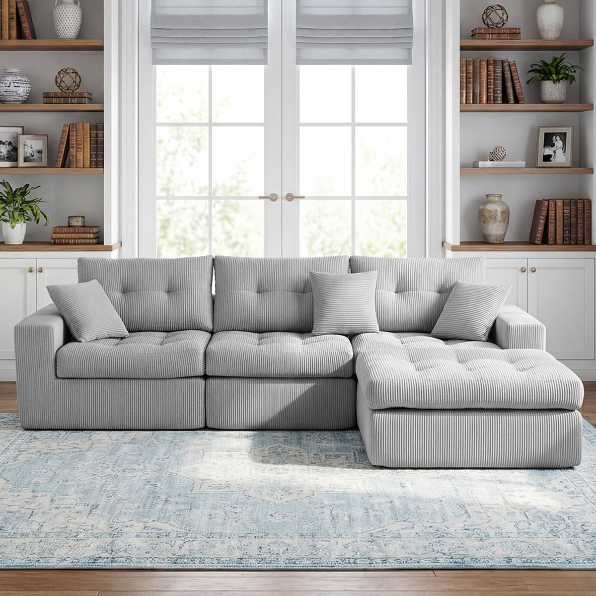 113" Oversized L-Shaped Modular Cloud Sofa Corduroy Upholstered Tufted Boneless Sectional with Deep Seat & Headrests, 4 PCS Compressed Boneless Couches with Movable Ottoman