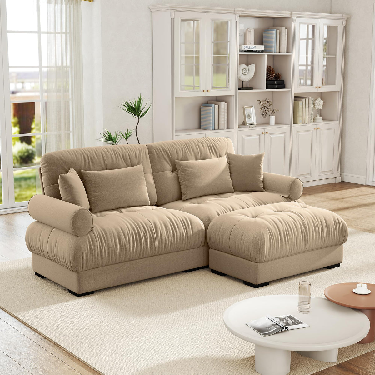 Velvet Modular Sectional Sofa,130" W Oversized U Shape Cloud Couch with 2 Ottomans,Free Combined 3 Seater Comfy Sofa with Bolster Armrest Pillows,Green for Living Room