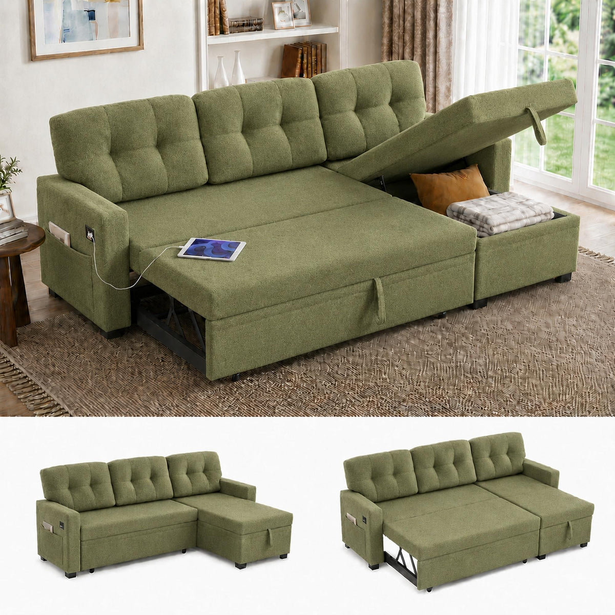 104.5" Sleeper Sectional Sofa Bed, L-Shaped Pull Out Couch