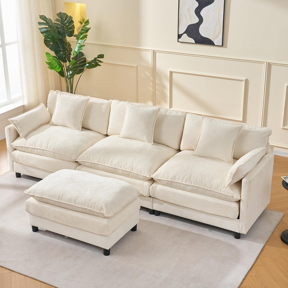 108" Modular Sectional Sofa, Comfy Cloud Couch with Ottoman, 3 Seater Couch with Pillow, Deep Seat Sectional Couches for Living Room, Bedroom and Apartment, Beige